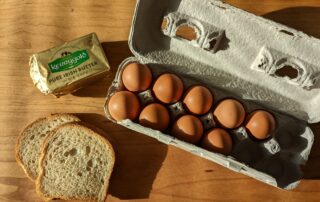 bread, Kerrygold butter, and brown eggs